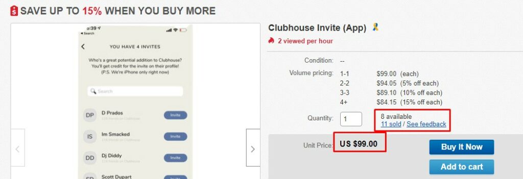 Clubhouse App Invite sold 11 times by $99